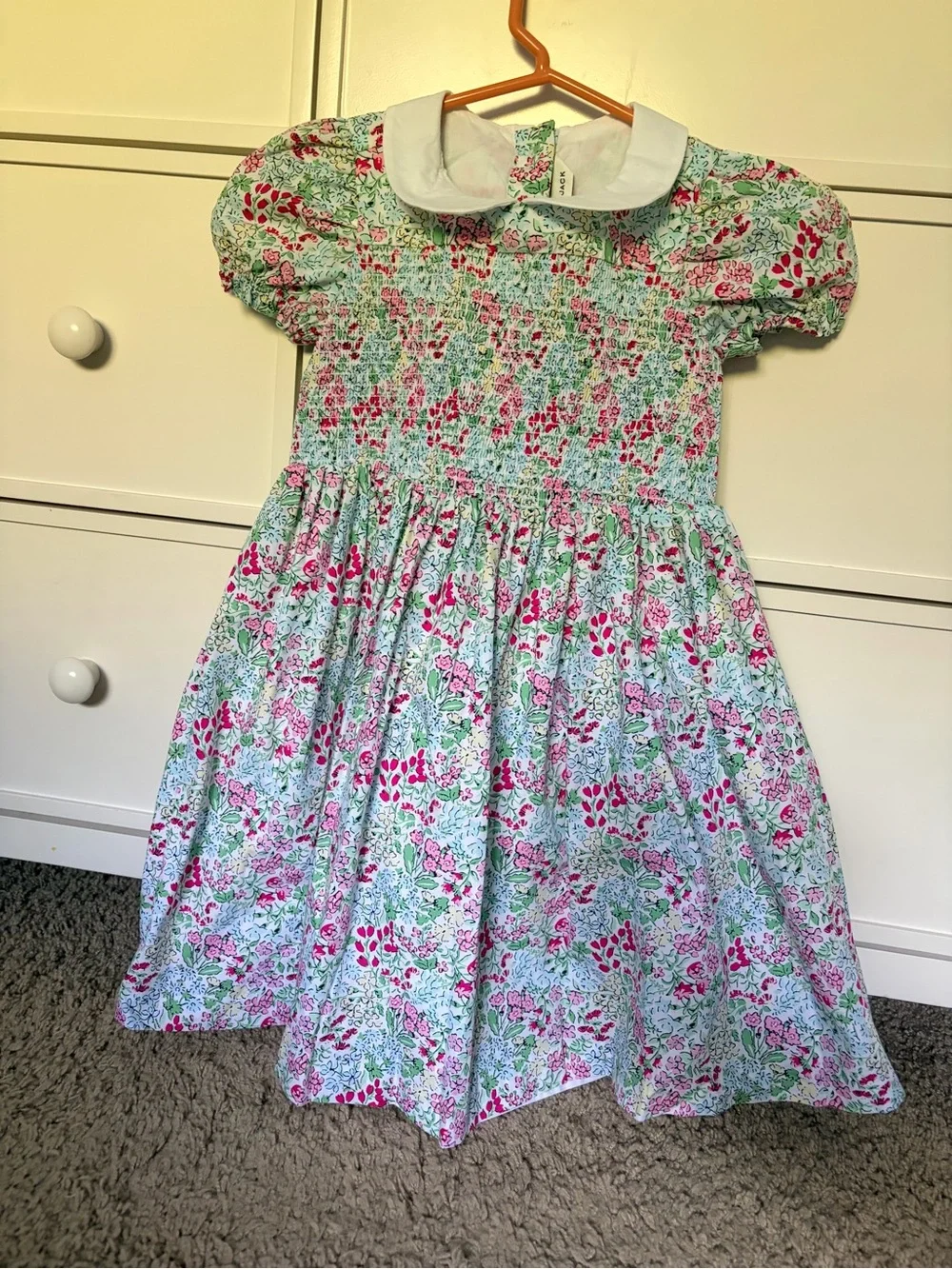 Janie and Jack Floral Smocked Dress with White Peter Pan Collar - Pink & Green